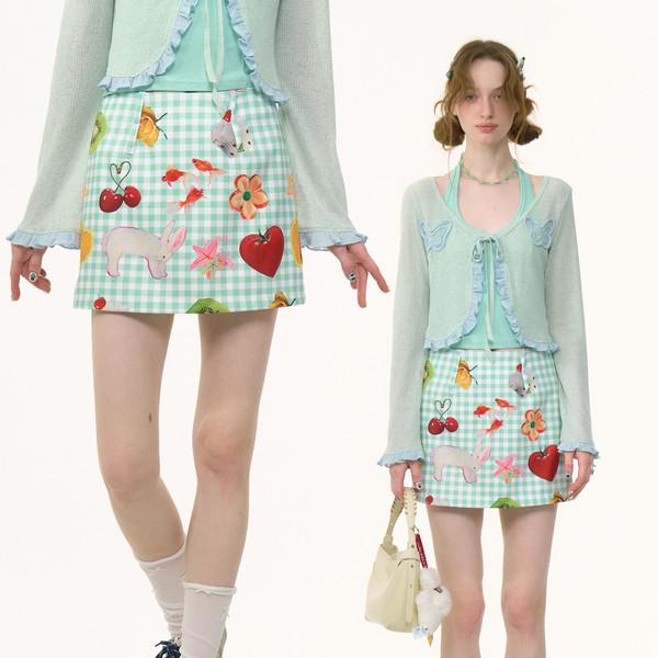 fruit print green plaid slim short skirt