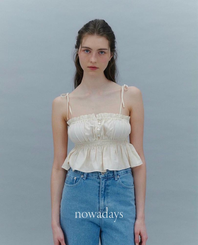 forest 포레스트 버니 스모킹 탑 린넨 스모크 프릴 셔링 끈나시 블라우스 뷔스티에