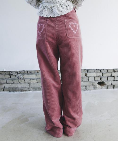 HEART EMBROIDERY CORDUROY WIDE PANTS_PINK