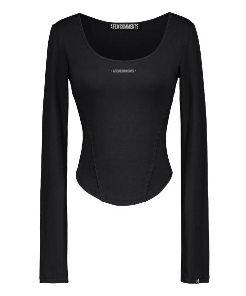 스모크 셔링 스쿱넥 롱슬리브 탑 BLACK