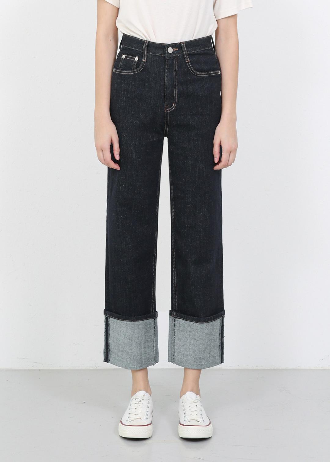 [이염 없는 생지] W76 롤업 와이드 데님 팬츠_진청