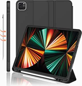 iMieet New iPad Pro 12.9 Case 2022(6th Gen)/2021(5th Gen) with Pencil Holder [Support iPad 2nd Pencil Charging/Pair],Trifold Stand Smart Case with Soft TPU Back,Auto Wake/Sleep(Black)