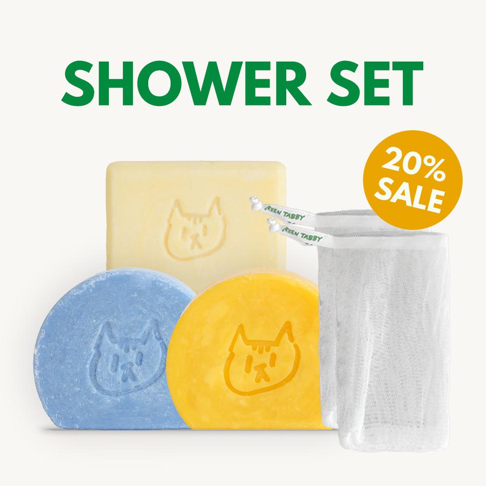 (올인원 샤워 세트) 블루 샴푸바1 개 + 트리트먼트바 1개 + 바디워시바 1개 + 비누망 2개