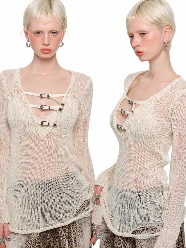 1JINN STUDIO Hollow V-Neck Knit Top