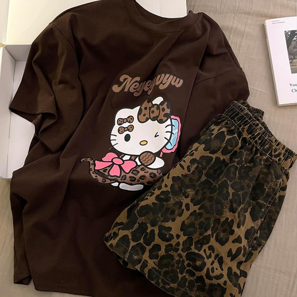 띠끄룸 레오파드 헬로키티 브라운 반팔 파자마 반바지 세트