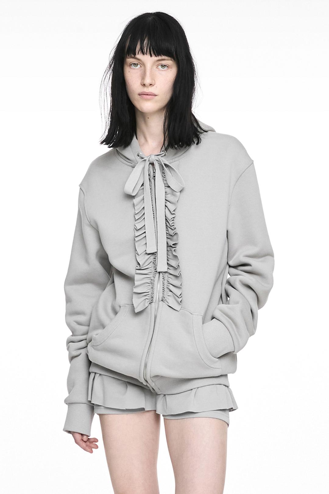 RUFFLE HOODIE ZIP-UP LIGHT GRAY