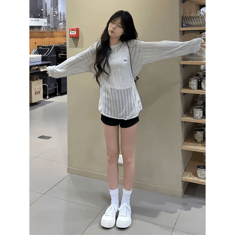 유휴 스타일 여성용 긴 소매 니트 탑 부드러운 실키 아이스 실크 몸집이 작은 루즈 피트 썬 프로텍션 중공 커버 탑 여름