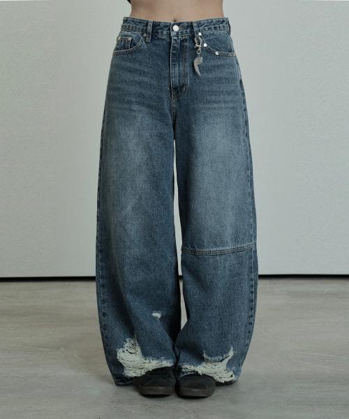 Hem Damage Keyring Wide Denim Pants (Blue)
