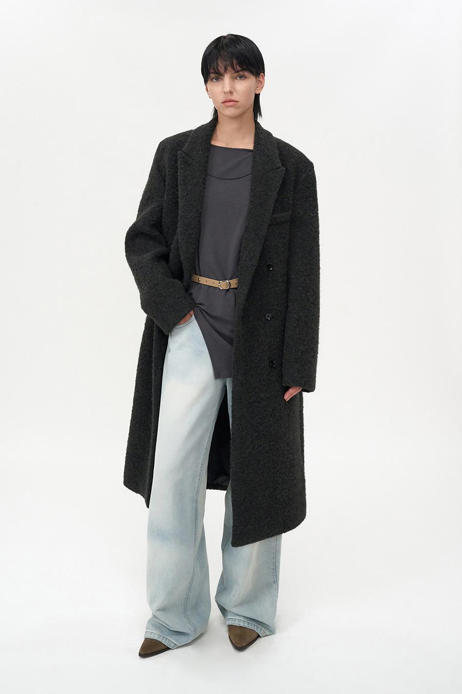 부클 알파카 헤어 더블 코트 BLACK