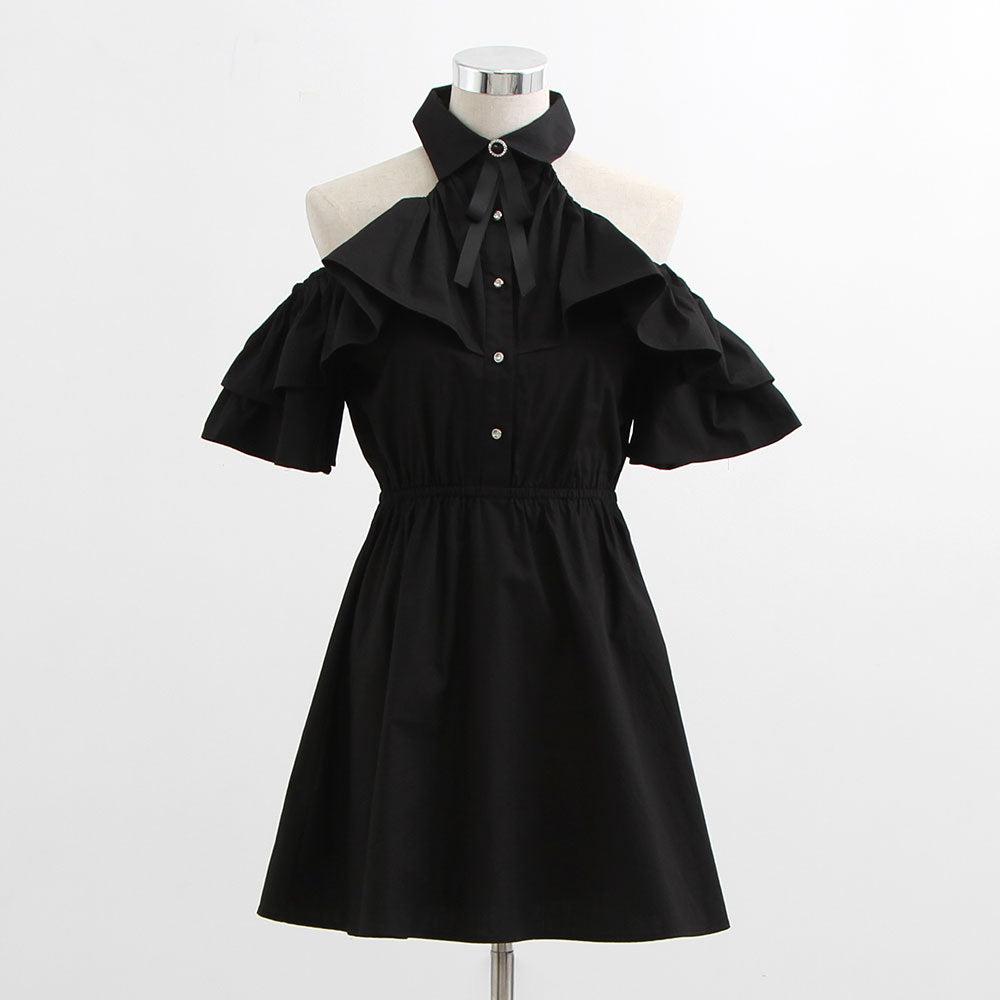 フリル袖フレアミニワンピース - ブラック / M