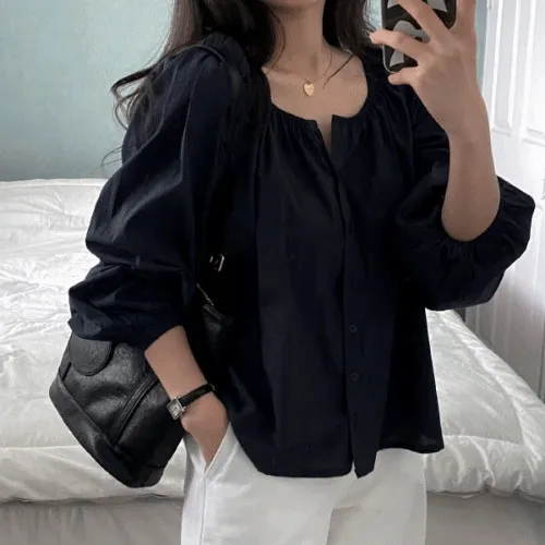 핀턱 셔링 오프숄더 블라우스 루즈핏 (3color)