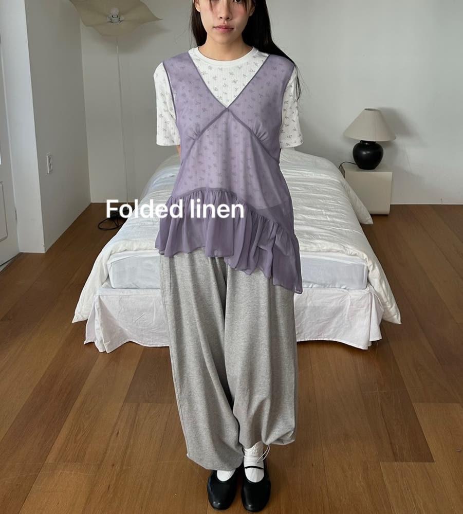 (당일)Basket 바스켓 베니스 프릴 블라우스 민소매 브이넥 시어 언발 프릴 레이어드 블라우스(3color)