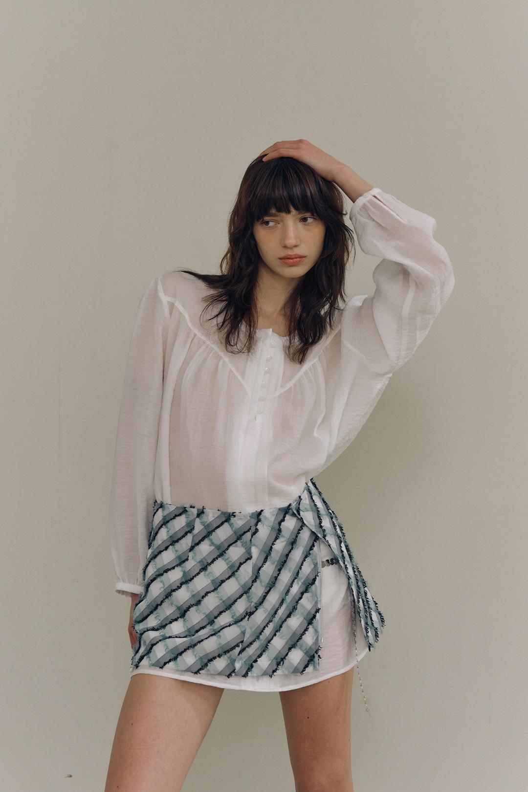[5/15 예약배송] Fringe Check Wrap Skirt_Sage Green