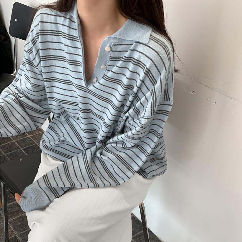 로렌하이 [가을니트🍂/110사이즈/포인트템]뮤키 울 스트라이프 카라 오버핏 니트 - 5 color