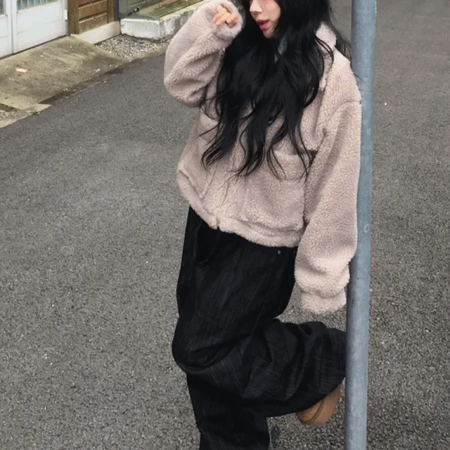 [스트링조절!/따땃🐻] 폭닥 뽀글 후리스 자켓 하이넥 카라 집업