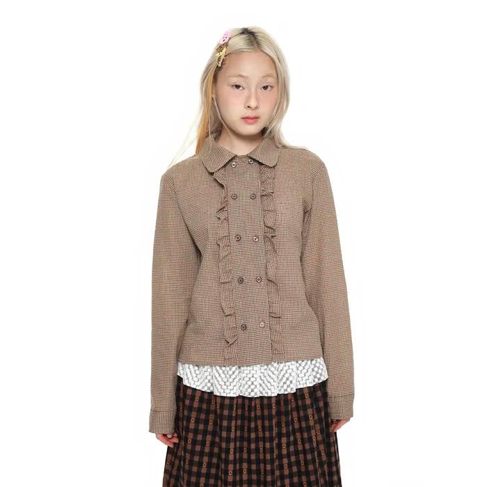 Double Button Frill Check Shirt_brown
