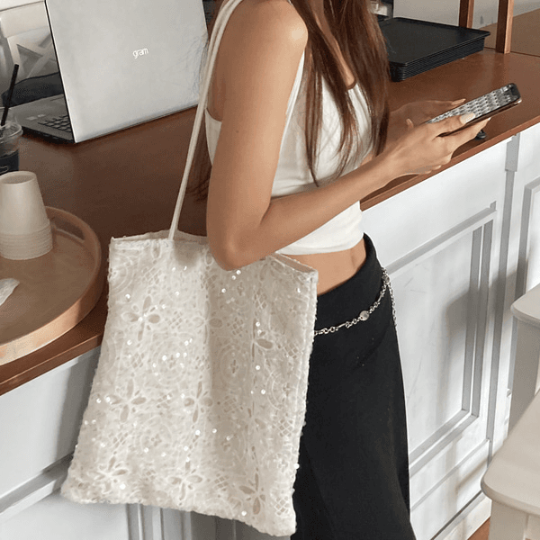 [썸머데일리백🤍] 글리츠 펀치 스팽글 토트 캔버스 숄더백 가방