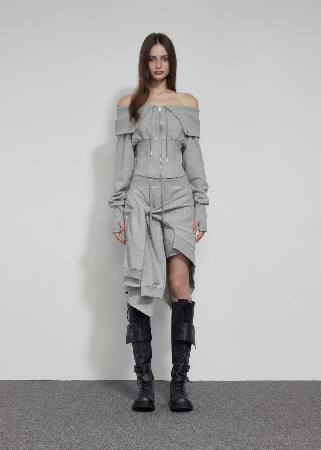 CORSET OFF-SHOULDER ZIP-UP, MELANGE GRAY