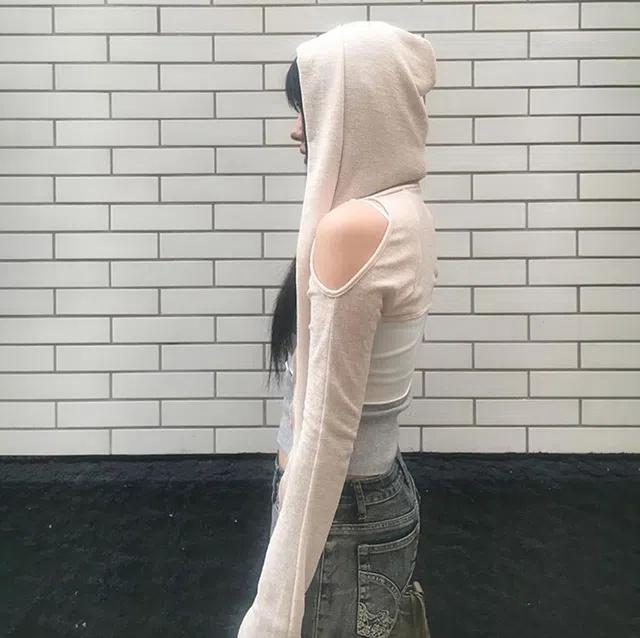 숏 후드 코트 오프숄더 힙합 긴팔 상의