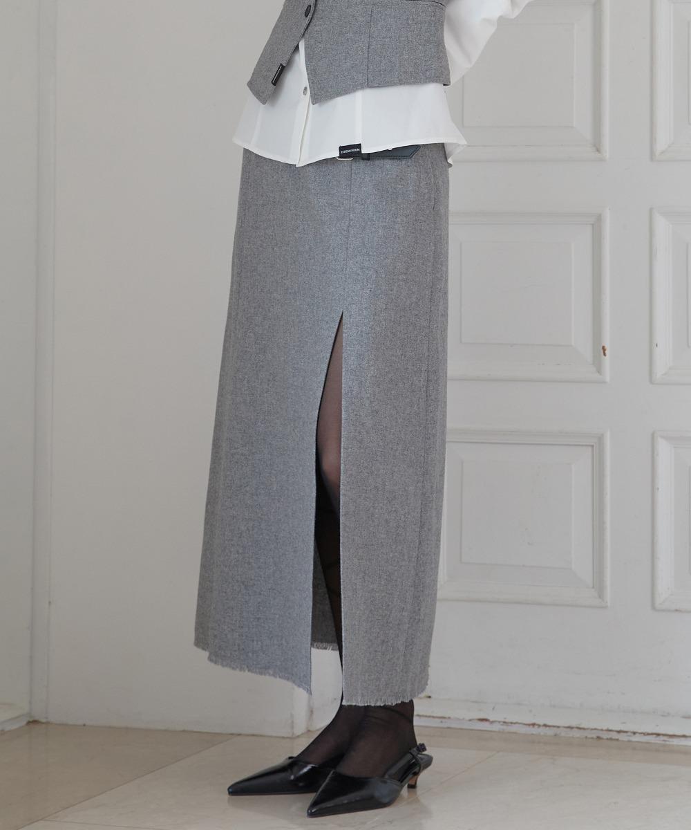 BUCKLE FRINGE LONG SKIRT (GRAY)