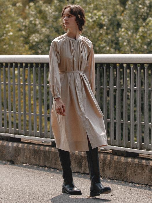 [COTTON] Shirring Belted Cotton Dress