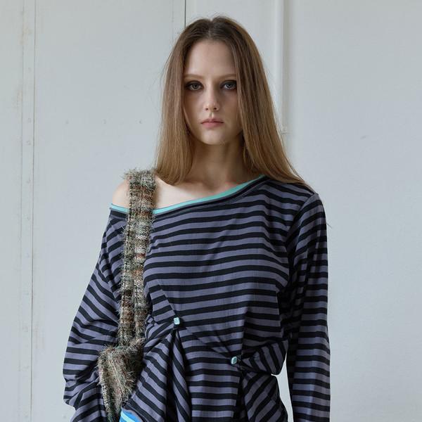 BUTTON STRIPE RAW EDGE T-SHIRT / black