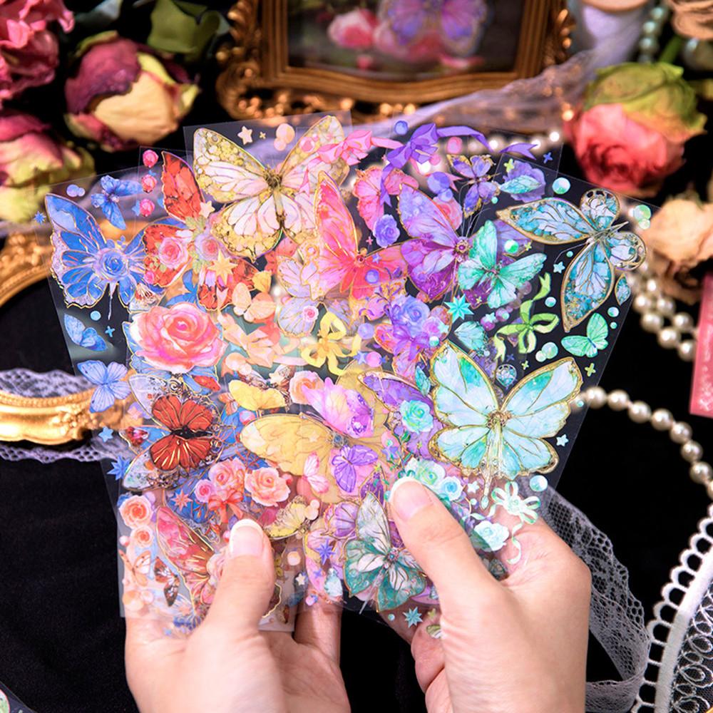 빈티지 다꾸 다이어리 꾸미기 로맨틱 나비 홀로그램 PET 판스티커 6종 3매