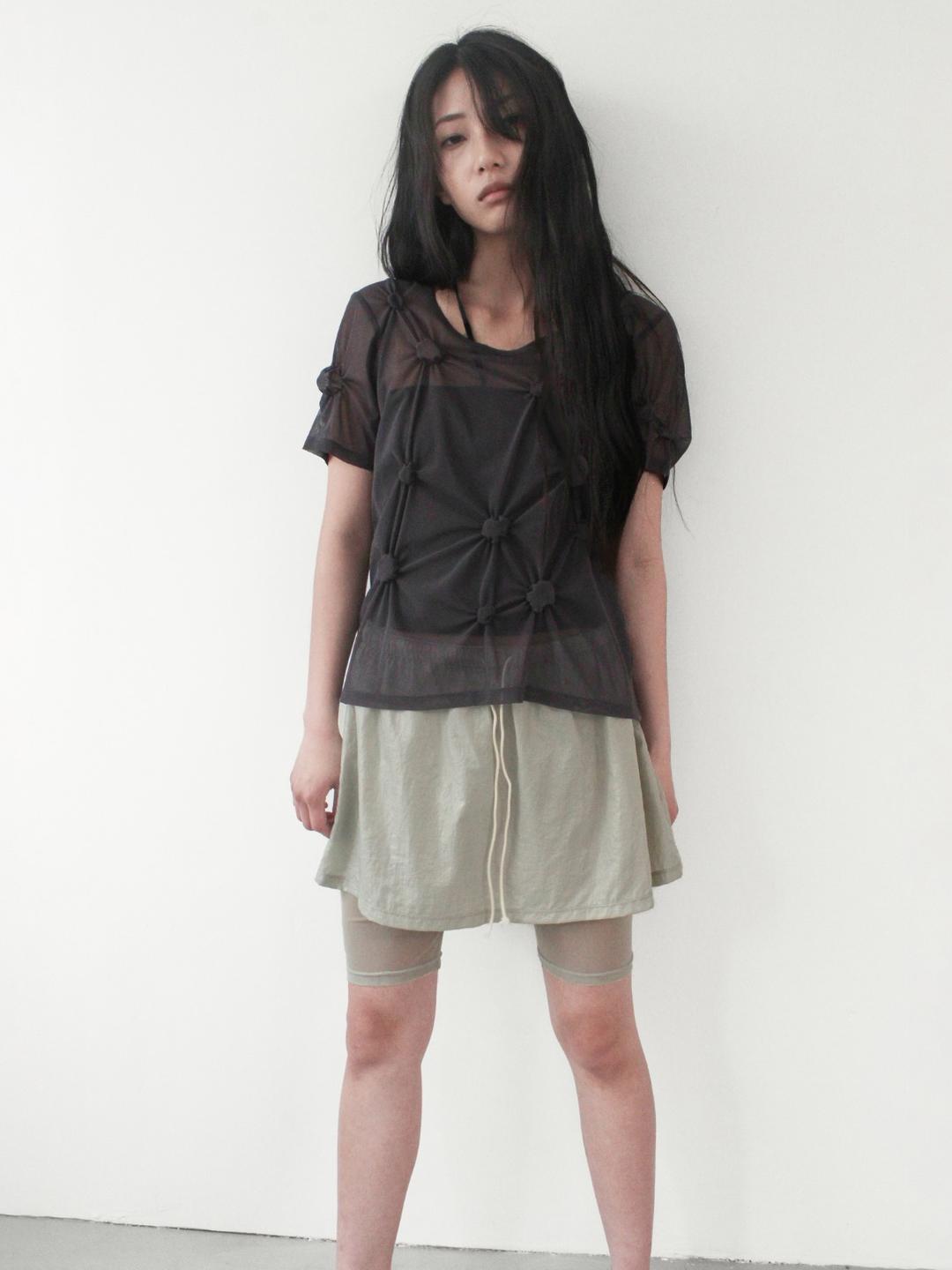 [2ND] MESH DOT SHIRRED T-SHIRT, CHARCOAL