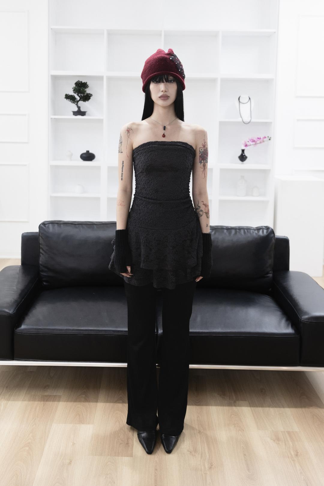 [Sepia] Shirring tube top dress (Gray)