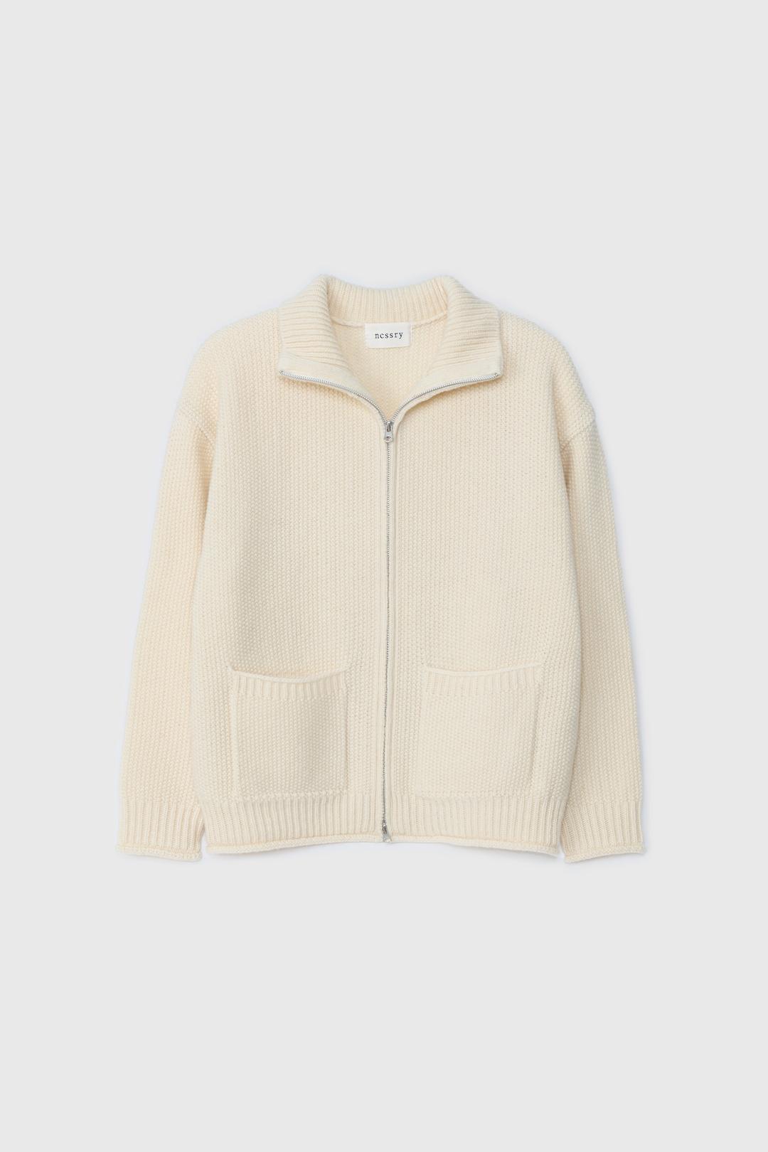Shetland Wool Zip-Up Cardigan (Ivory)