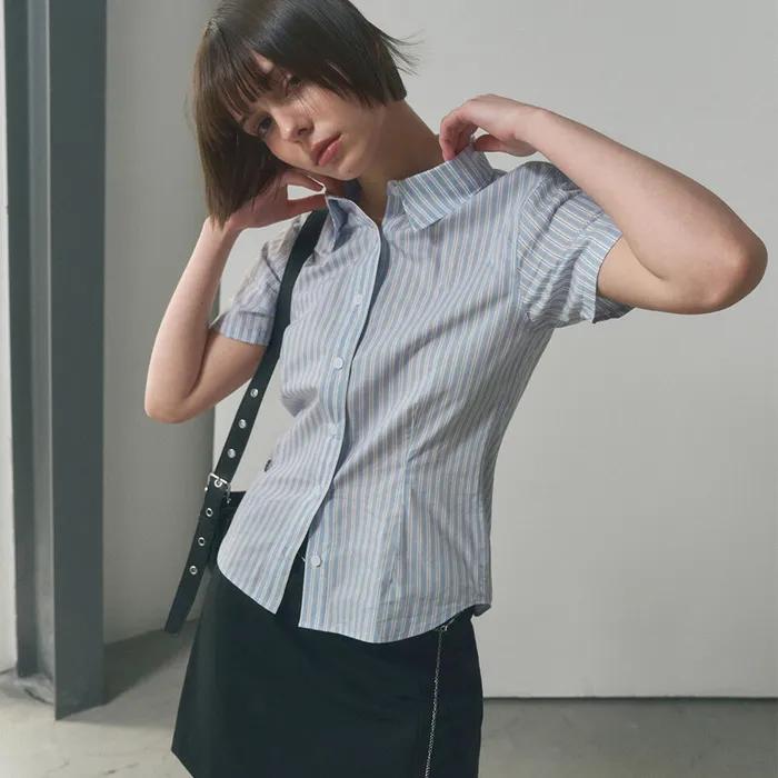 W. 스트라이프 슬림 하프 셔츠 [SKYBLUE]_SEWSH001SKYBLUE