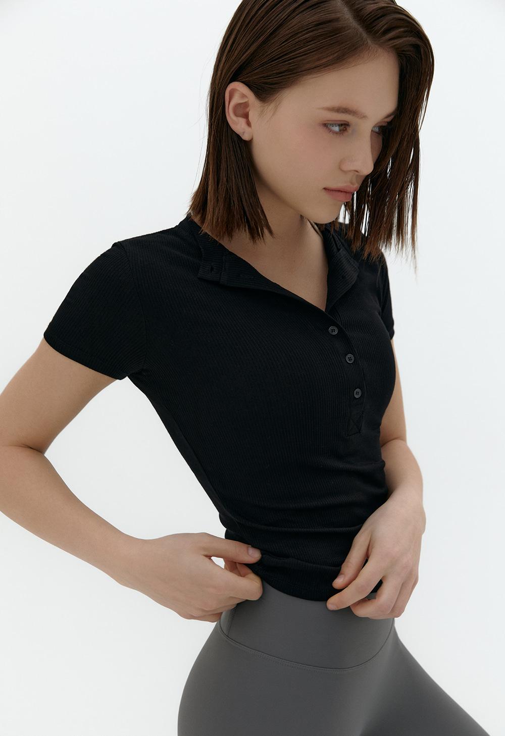 메이크 버튼 골지 숏 슬리브 (블랙)