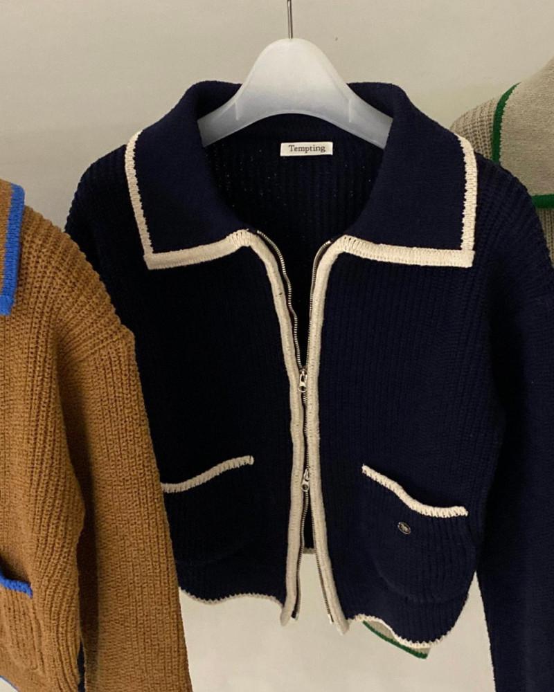 TEMPTING 템팅 배색 카라 니트 집업 가디건 (3color)