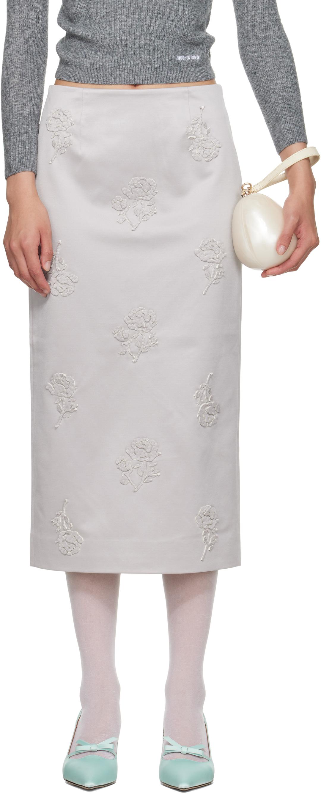 실버 스트레이트 핏 미디 스커트