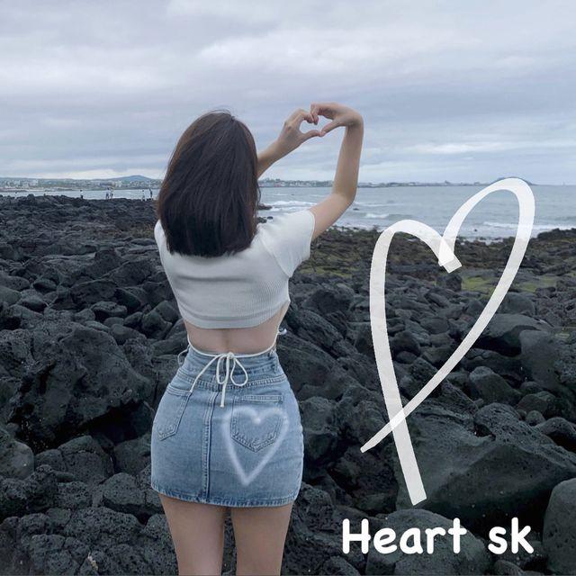 백하트![속바지0/투버튼-]허리쏙 고퀄 나염 하트 포켓 프린팅 투버튼 데님 치마바지 세미 a라인 미니 워싱 연청 흑청 스커트 팬츠 (2col)/s m_리틀페어리