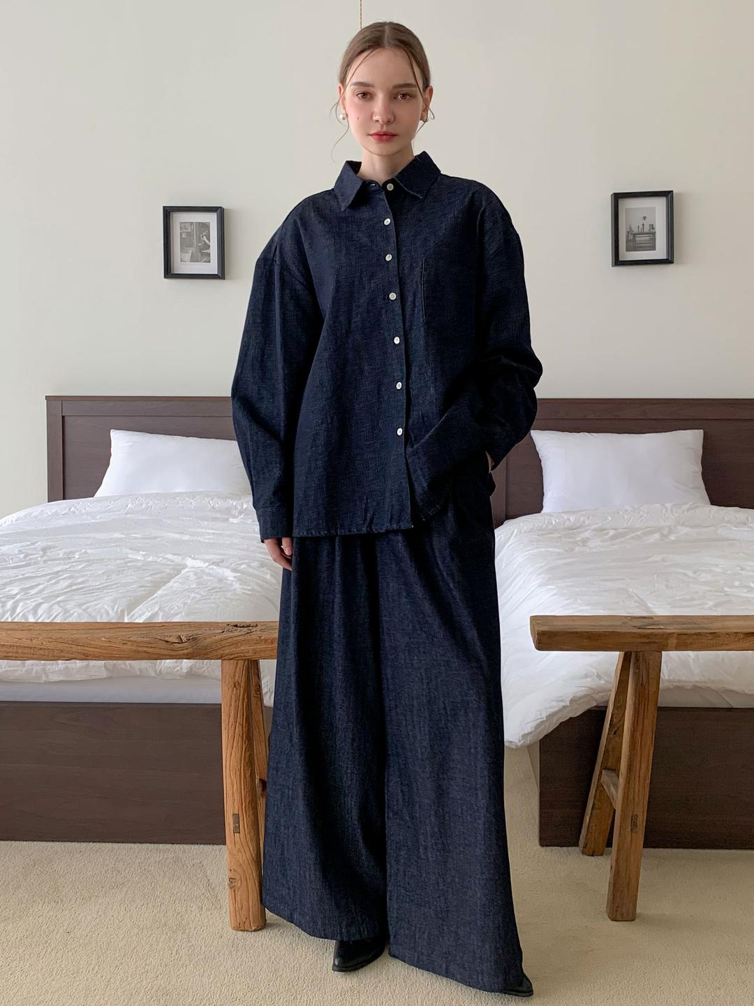 바스카라 [SET] 루즈핏 셔츠+와이드 밴딩 팬츠 데님 셋업