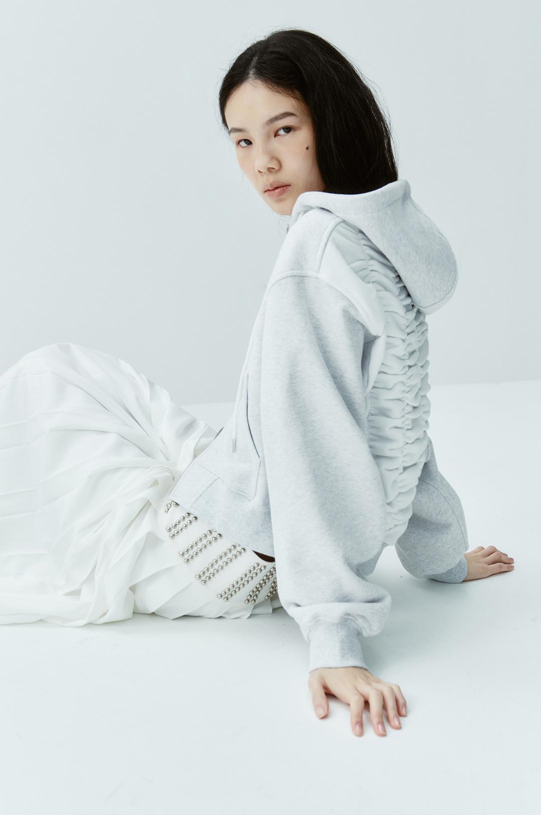 [Reorder 3/25일 예약배송]G_BACK SHIRRING HOOD ZIP-UP_25SS / LIGHT GREY