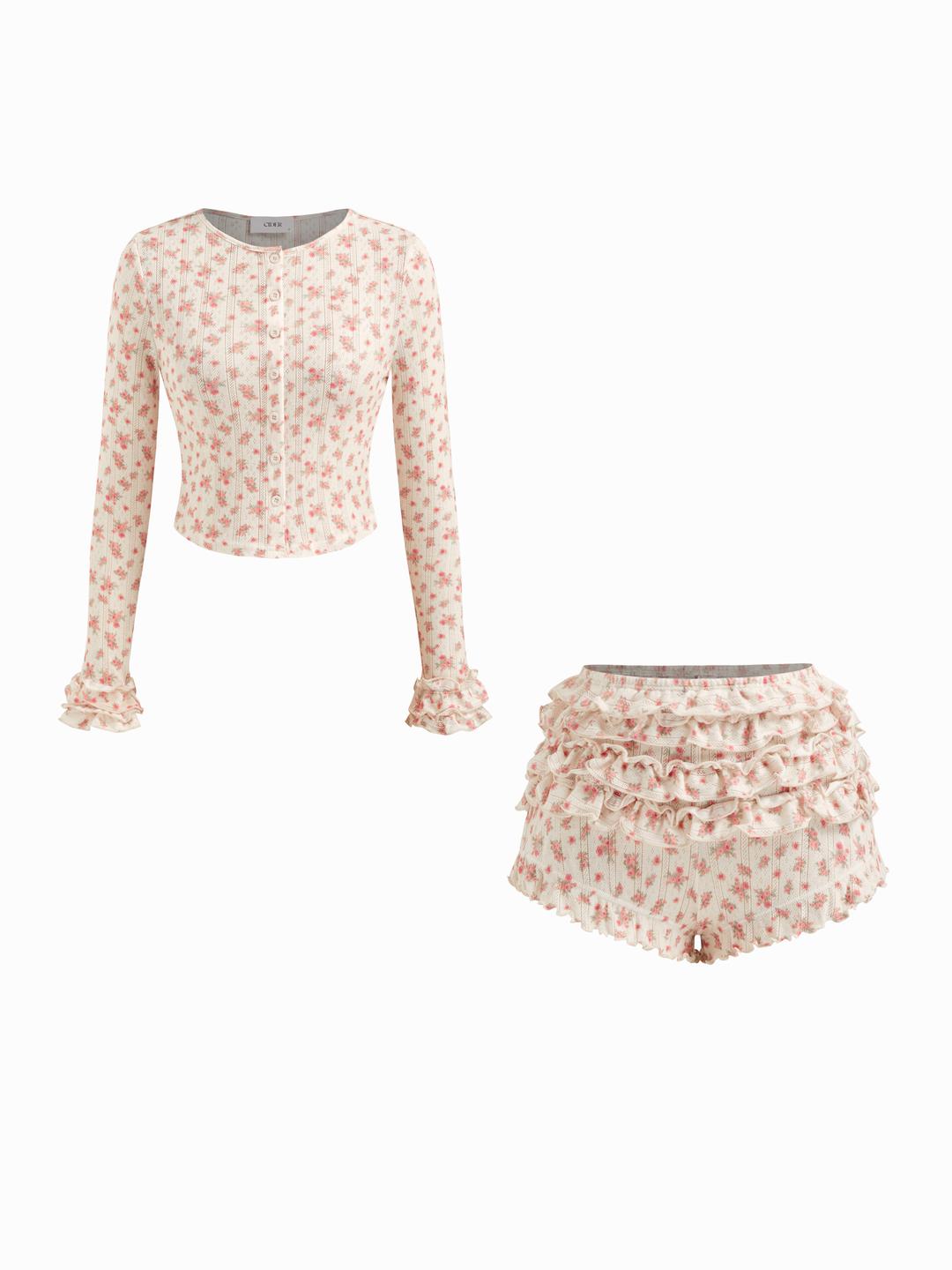 Cotton-blend Floral Button Crop Top & Mid Rise Lettuce Trim Layered Shorts Loungewear Set