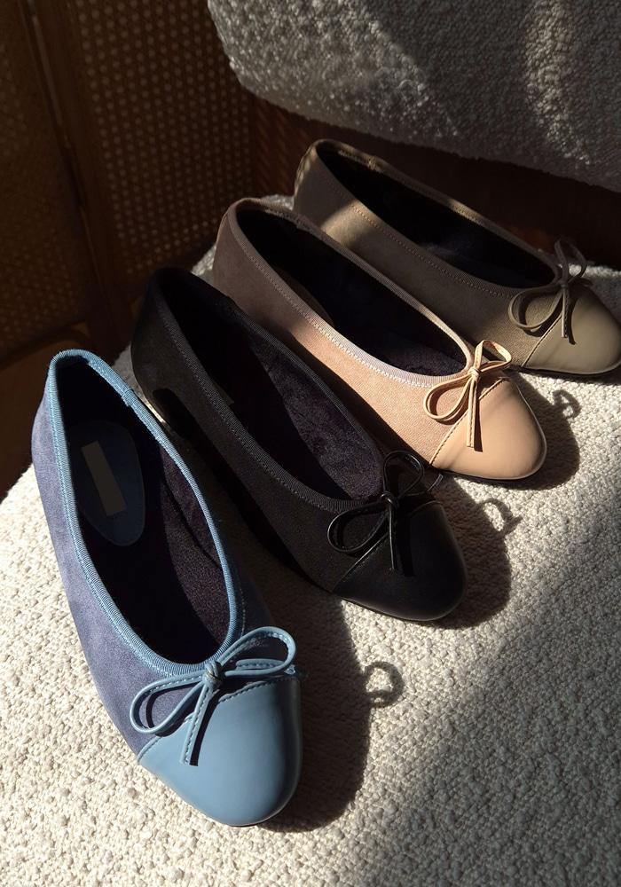 스웨이드 둥근코 기모안감 리본 플랫슈즈 1cm 4컬러