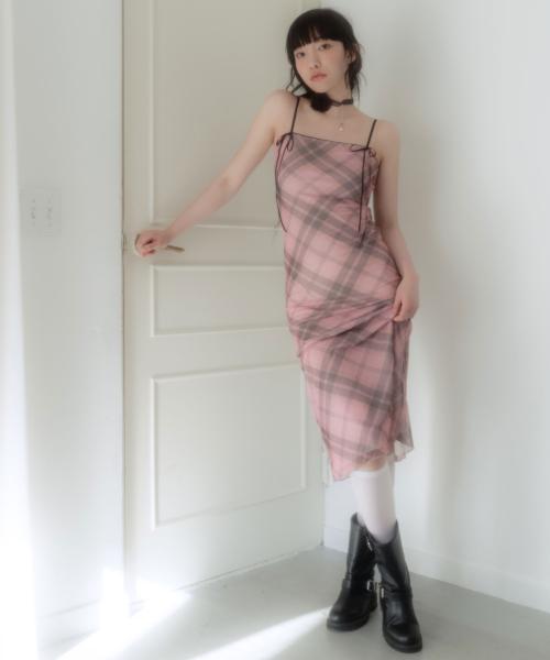 체크 그래픽 메쉬 롱 원피스