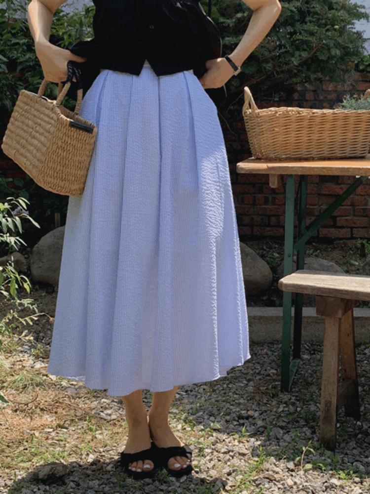 스켄트 시어서커 A라인 롱 스커트(sky blue)