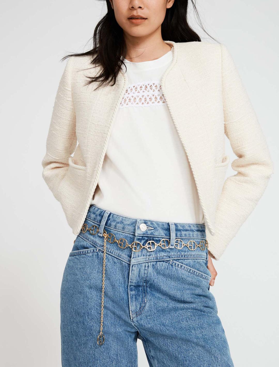 브레이드 트위드 노카라 자켓