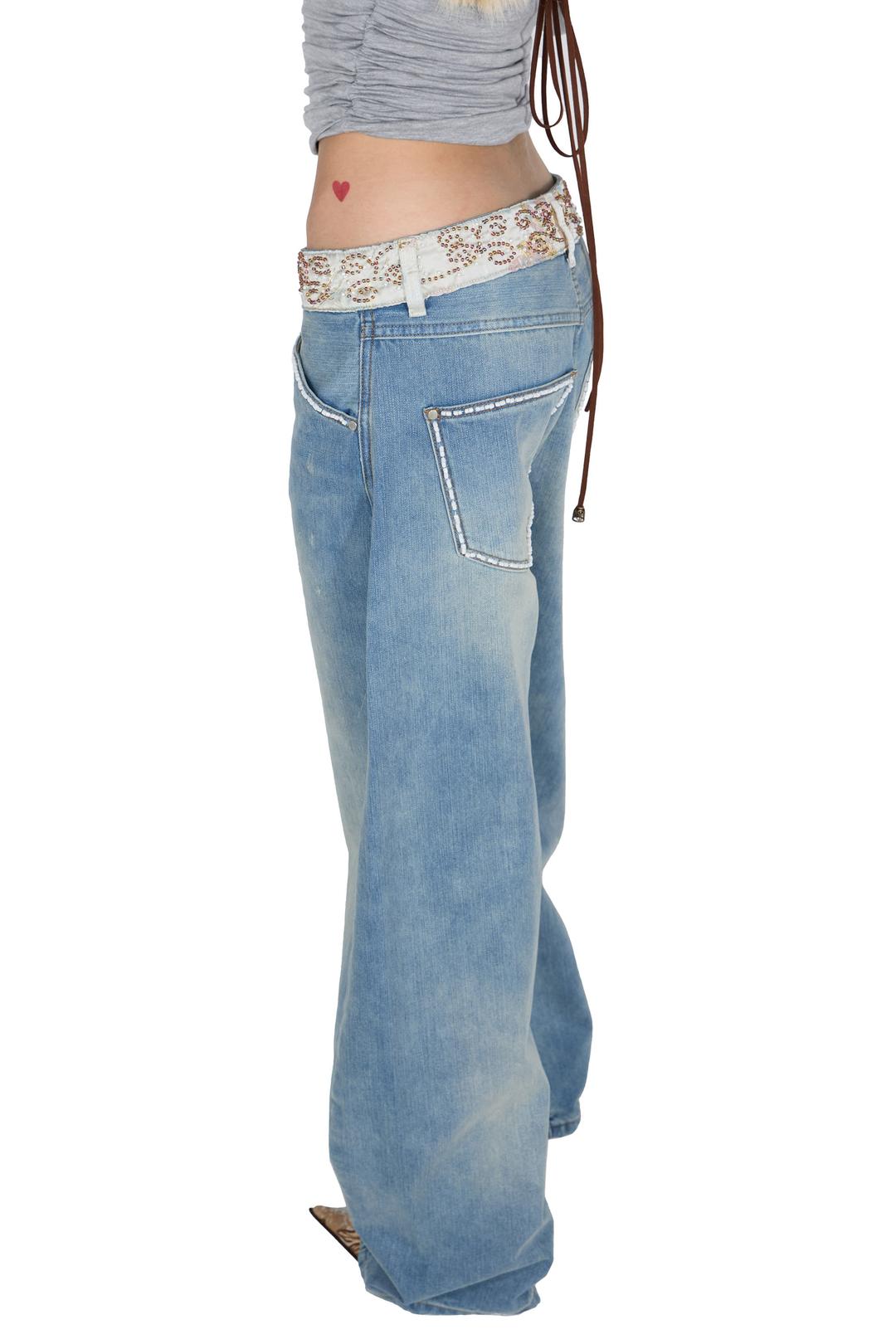 Beaded Waist Denim Pants Mid Blue