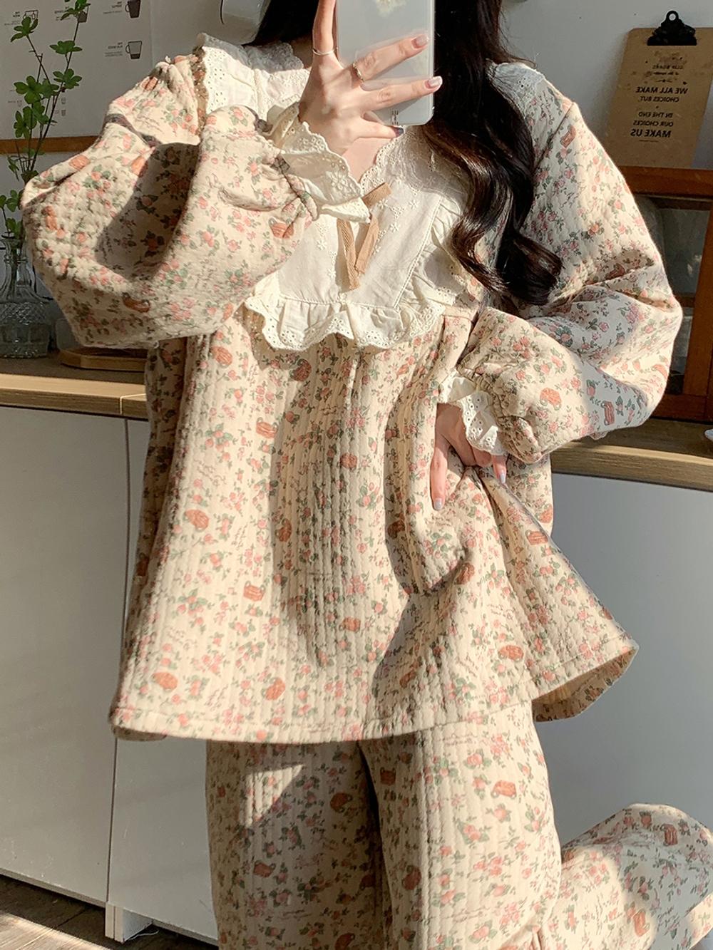 레트로 스타일 브이넥 두꺼운 잠옷