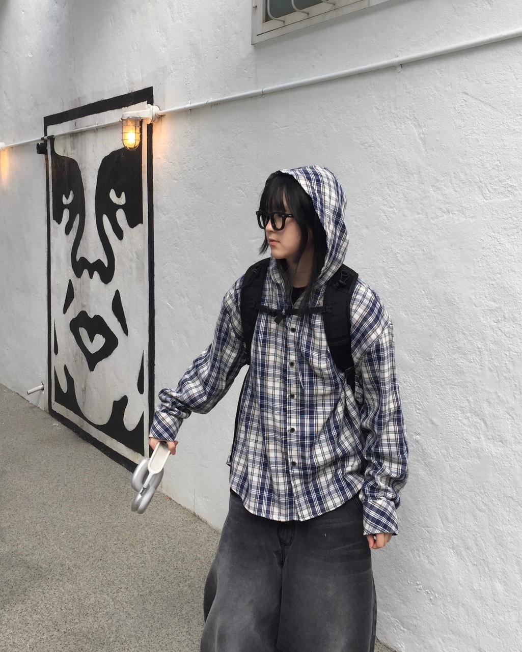 모직 베이스 체크 후드 셔츠