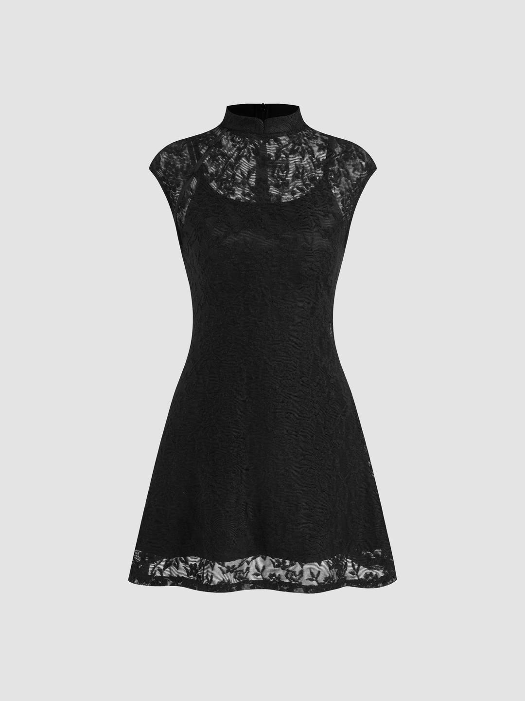 Stand Collar Floral Lace Mini Dress With Cami Mini Dress