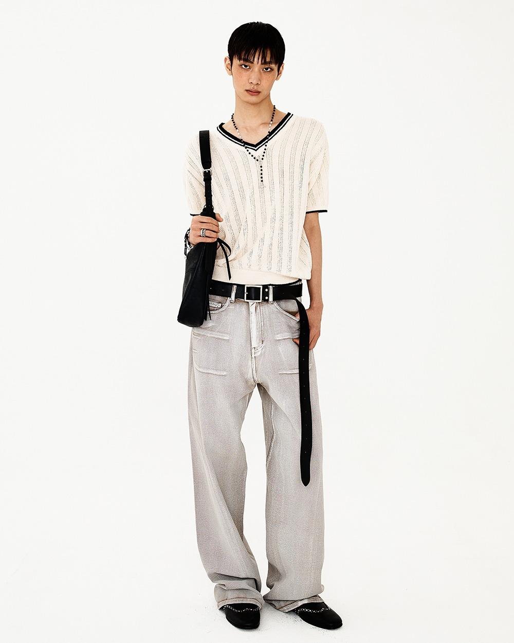 CONTRAST V-NECK BLOUCLE KNIT CREAM (WT226)
