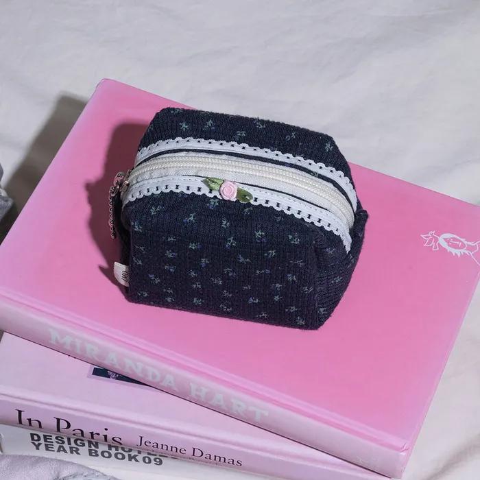 패브릭 사각 파우치 플라워 네이비 S