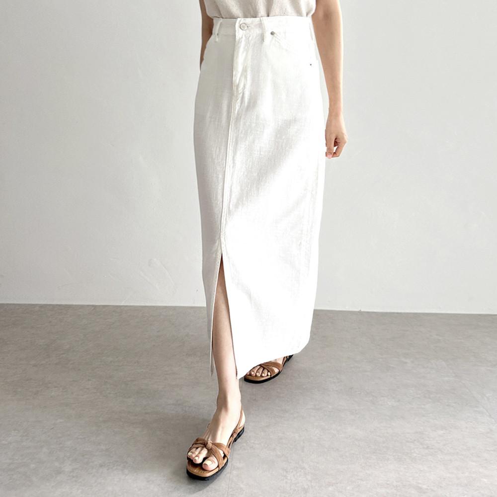 코튼100 아이보리 트임 롱 스커트