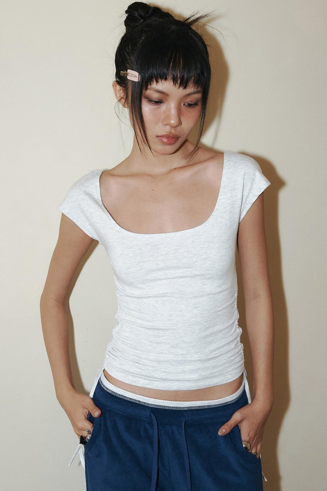Peachy Side Shirring Short Top (White Melange)